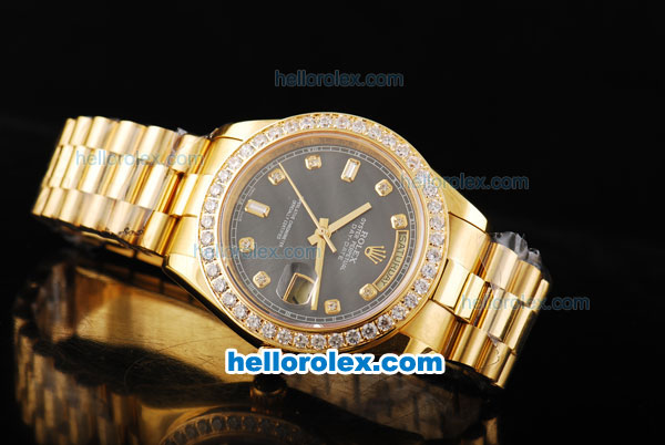 Rolex Day Date II Automatic Movement Full Gold with Diamond Bezel-Black MOP Dial and Diamond Markers - Click Image to Close